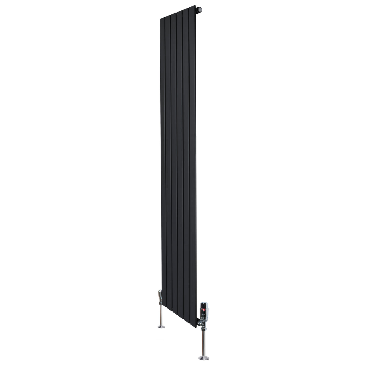 Svart platt enkelkolumnsradiator med ventiler, 1800 mm lång och 420 mm bred, med släta, vertikala lameller och moderna detaljer