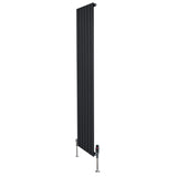 Svart platt enkelkolumnsradiator med ventiler, 1800 mm lång och 420 mm bred, med släta, vertikala lameller och moderna detaljer