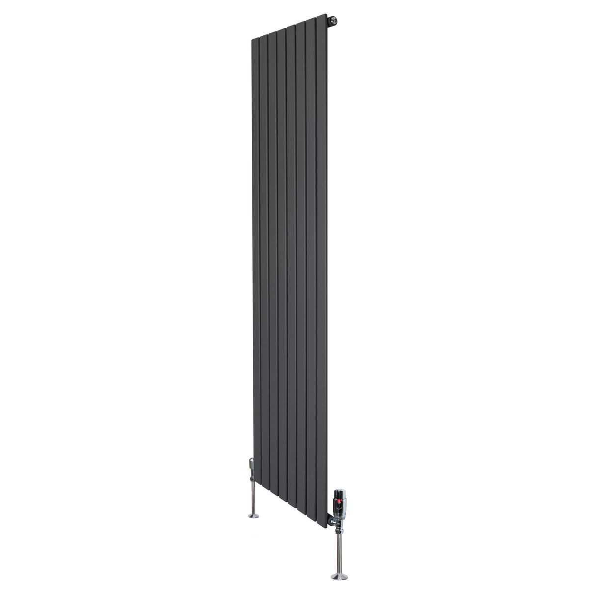 Platt enkelkolumnsradiator i antracitgrå, 1800 mm x 560 mm, med släta ytor och ventiler för effektiv värmeöverföring