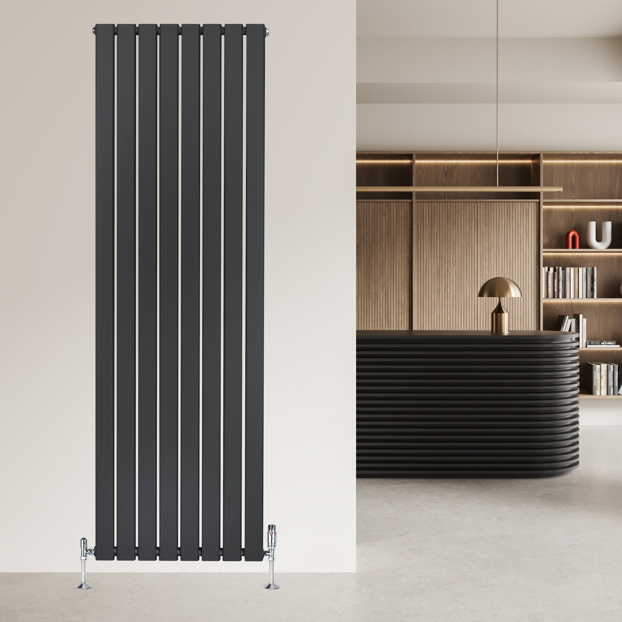 Platt antracitgrå enkelkolumnsradiator med ventiler, 1800 mm x 560 mm, med släta, vertikala linjer och modern design
