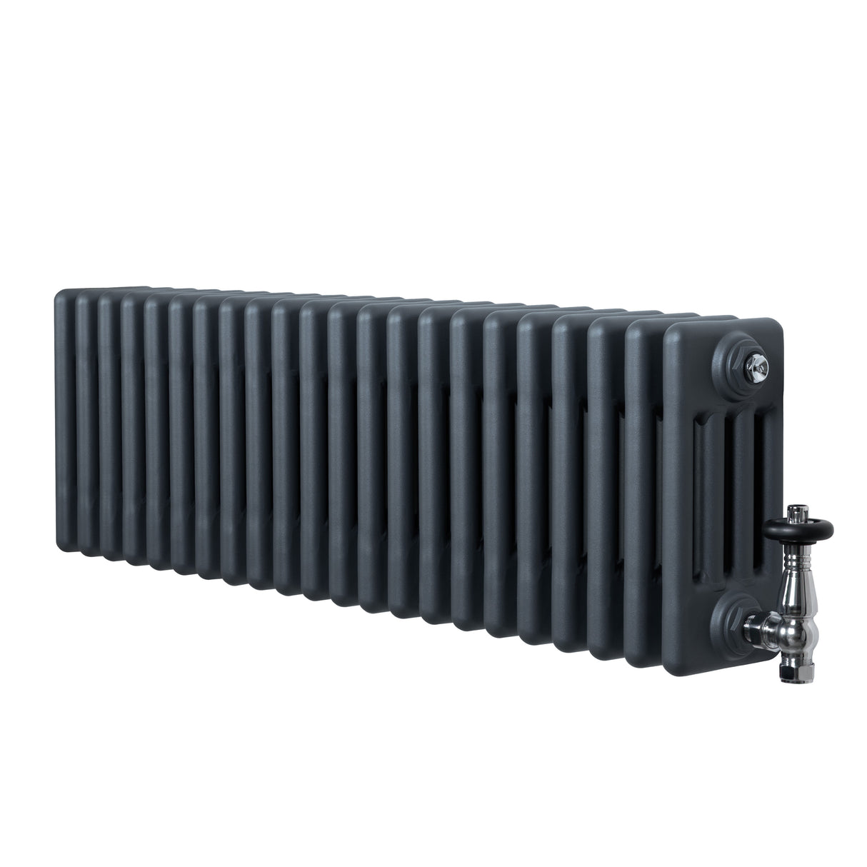 Traditionell 4-kolonnsradiator i antracitgrå med släta ytor och glänsande ventiler, perfekt för effektiv uppvärmning i hemmet