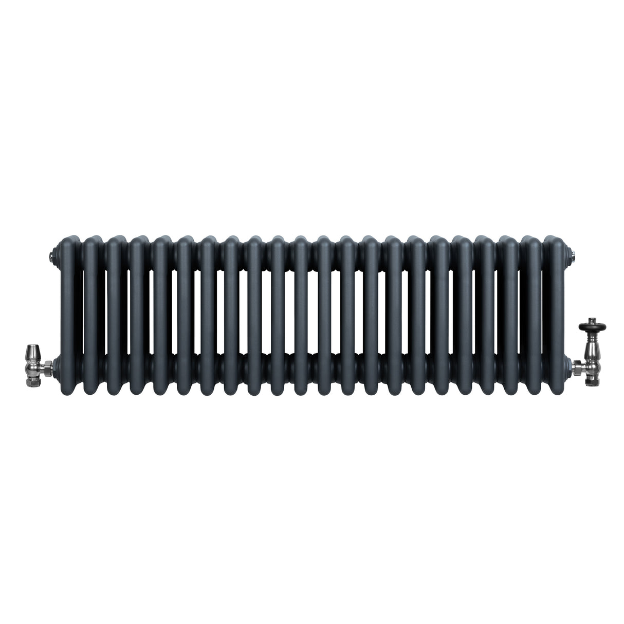 Traditionell 4-kolonnsradiator i antracitgrå med släta ytor och fyra kolonner, utrustad med ventiler på sidorna