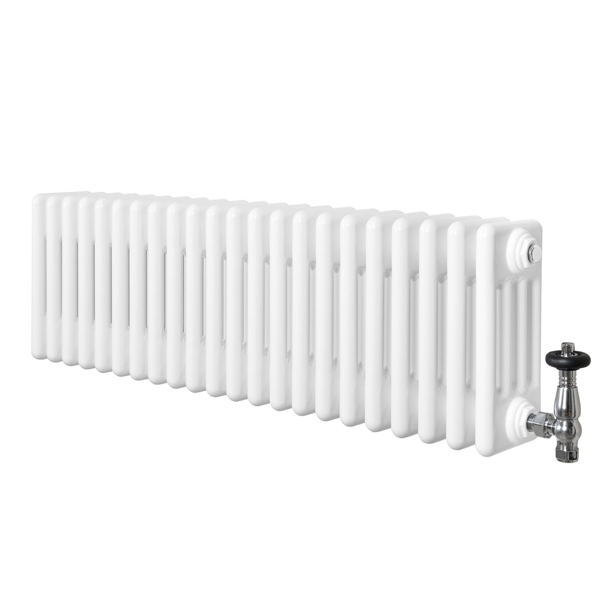 Vit traditionell 4-kolonnsradiator i metall med släta ytor och ventiler, 300 x 1010 mm, perfekt för effektiv uppvärmning