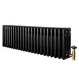 Svart traditionell 4-kolonnsradiator i metall med släta ytor och en glänsande ventil, mått 300 x 1010 mm