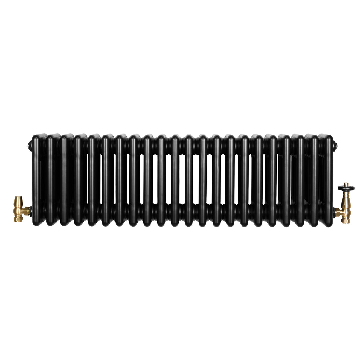 Traditionell svart 4-kolonnsradiator med glänsande yta och mässingsventiler, 300 x 1010 mm, perfekt för värme och stil