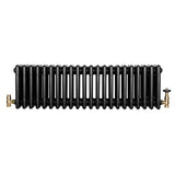 Traditionell svart 4-kolonnsradiator med glänsande yta och mässingsventiler, 300 x 1010 mm, perfekt för värme och stil