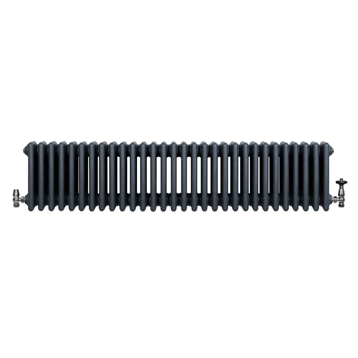 Traditionell 4-kolonnsradiator i antracitgrå, 300 x 1370 mm, med släta ytor och tydliga vertikala ribbor, perfekt för värme och stil