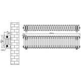 Traditionell 4-kolonnsradiator i antracitgrå, med mått 300 x 1370 mm, visar detaljerad design och ventiler för effektiv värme