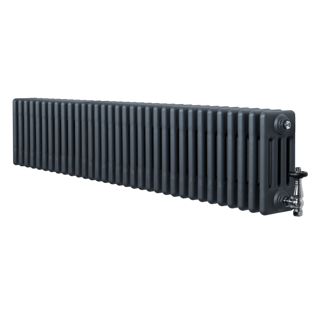 Traditionell antracitgrå 4-kolonnsradiator med släta ytor och ventiler, 300 x 1505 mm, perfekt för effektiv uppvärmning