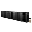 Svart traditionell 4-kolonnsradiator i metall, 300 x 1505 mm, med synlig ventil och släta, vertikala ribbor för effektiv värme