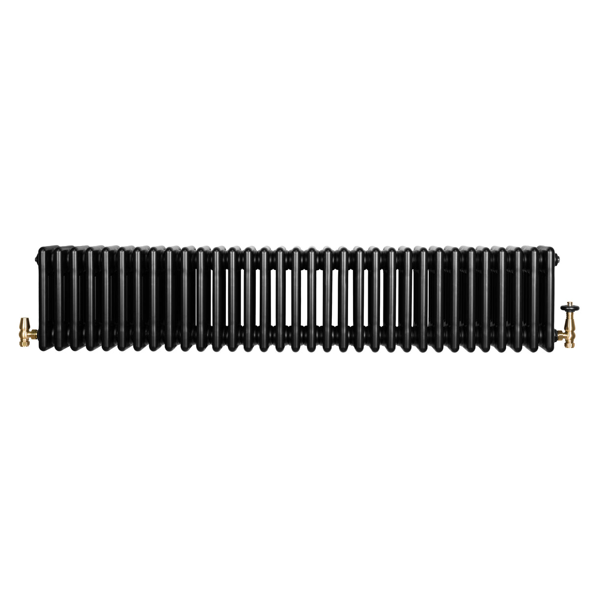 Svart traditionell 4-kolonnsradiator med glänsande yta och ventiler, mått 300 x 1505 mm, perfekt för värme och stil