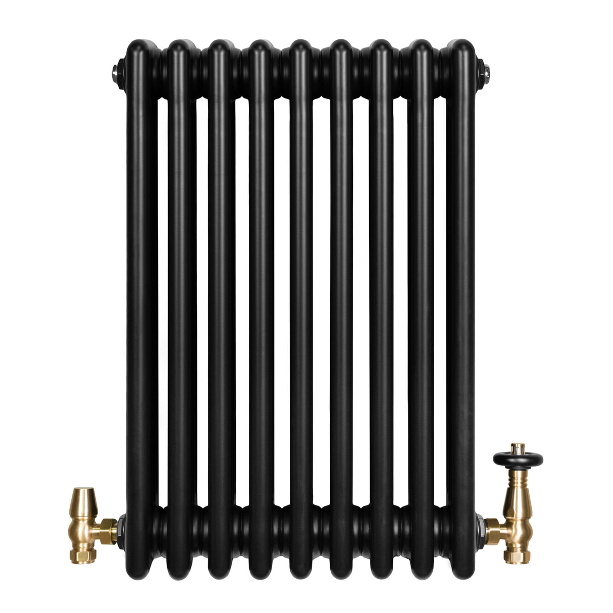 Svart traditionell 4-kolonnsradiator med glänsande mässingsventiler, rektangulär form och släta, runda rör för effektiv värme
