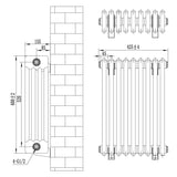 Svart traditionell 4-kolonnsradiator med måtten 600 x 425 mm, visar detaljerade dimensioner och ventilpositioner i teknisk skiss