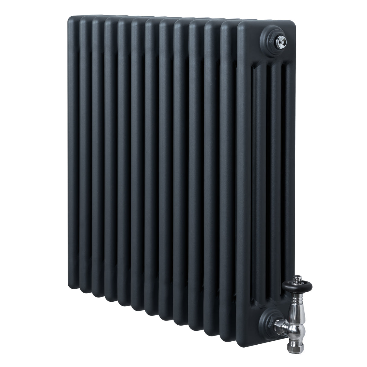 Traditionell 4-kolonnsradiator i antracitgrå med släta ytor och kromade ventiler, mått 600 x 605 mm, elegant design