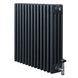 Traditionell 4-kolonnsradiator i antracitgrå med släta ytor och kromade ventiler, mått 600 x 605 mm, elegant design