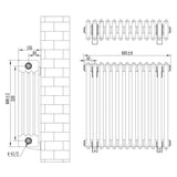 Traditionell antracitgrå 4-kolonnsradiator med måtten 600 x 605 mm, visar detaljerad design och ventiler för effektiv värme