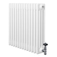 Traditionell vit 4-kolonnsradiator med släta ytor och glänsande ventiler, mått 600 x 605 mm, perfekt för effektiv uppvärmning