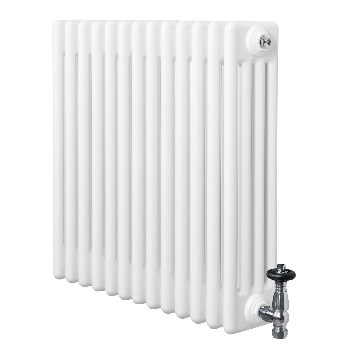 Traditionell vit 4-kolonnsradiator med släta ytor och glänsande ventiler, mått 600 x 605 mm, perfekt för effektiv uppvärmning