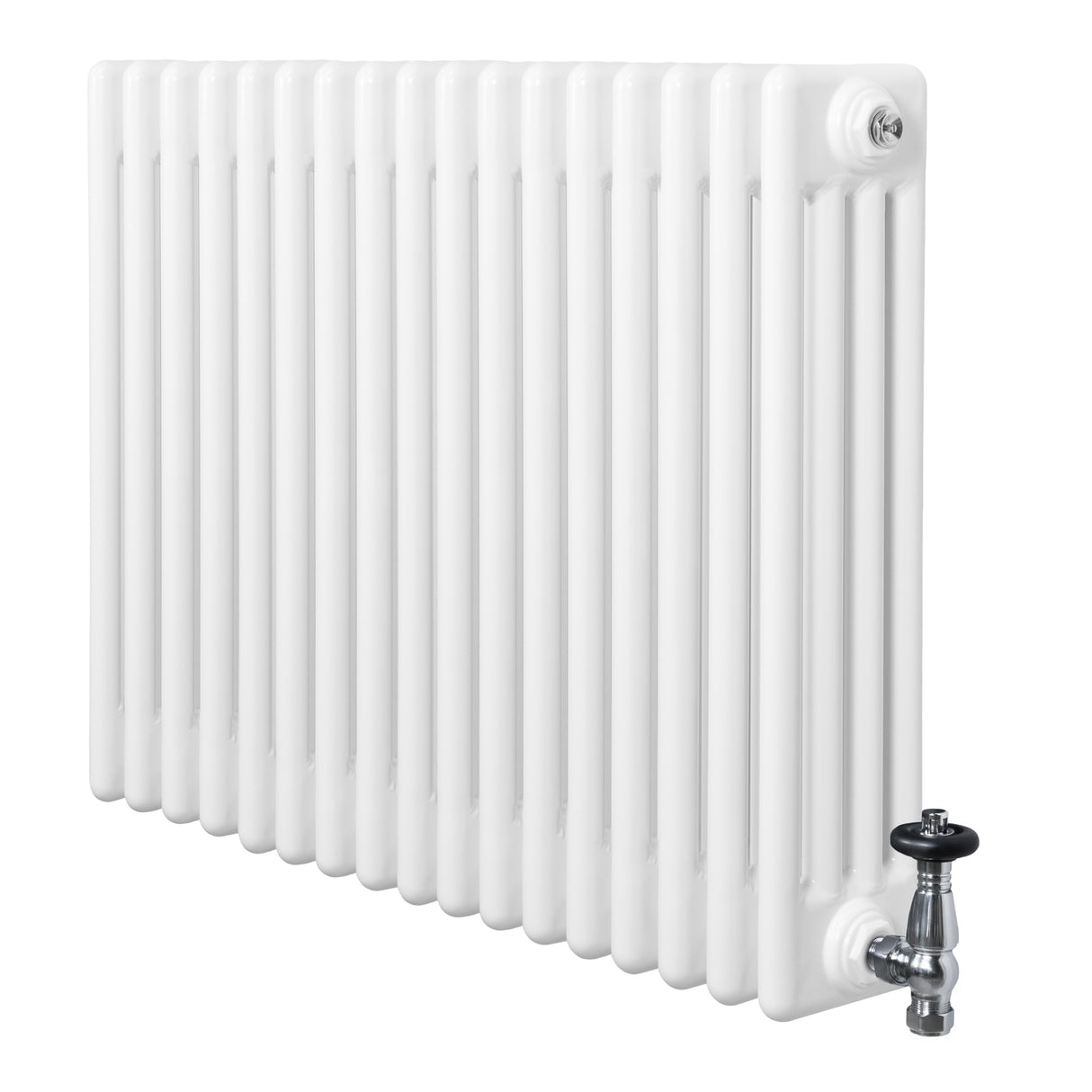 Traditionell vit 4-kolonnsradiator med släta ytor och glänsande ventiler, mått 600 x 785 mm, perfekt för effektiv uppvärmning