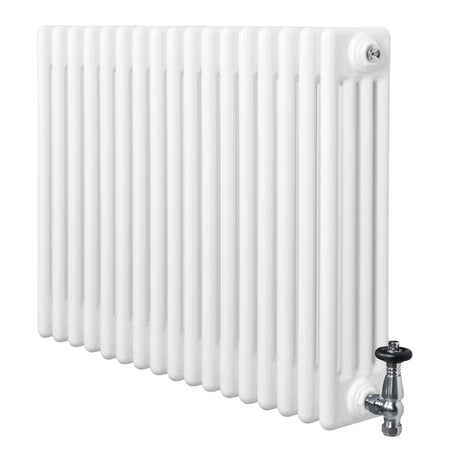 Traditionell vit 4-kolonnsradiator med släta ytor och glänsande ventiler, mått 600 x 785 mm, perfekt för effektiv uppvärmning