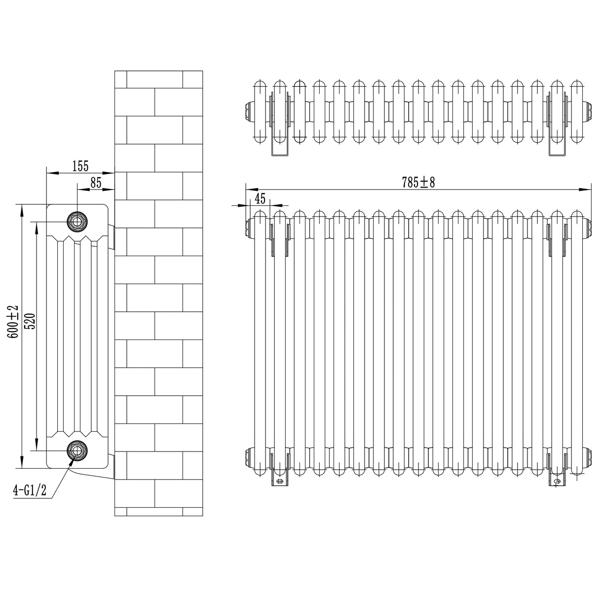 Vit traditionell 4-kolonnsradiator med ventiler, mått 600 x 785 mm, med släta ytor och rundade kanter, perfekt för värme och stil