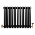Svart traditionell 4-kolonnsradiator med glänsande yta och mässingsventiler, mått 600 x 785 mm, elegant och funktionell design