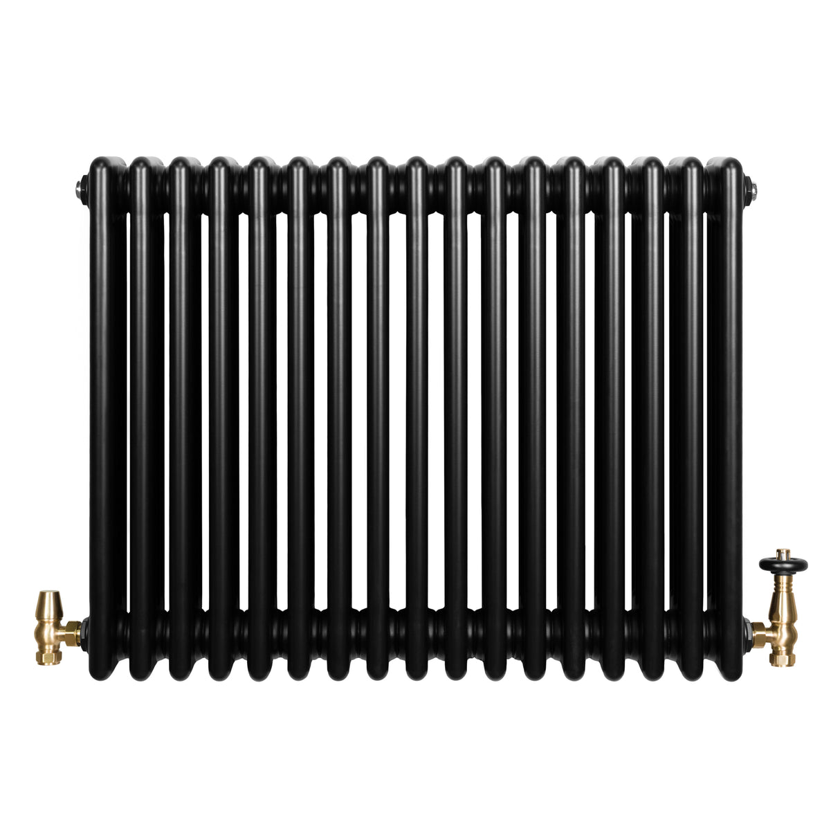 Svart traditionell 4-kolonnsradiator med glänsande yta och mässingsventiler, mått 600 x 785 mm, elegant och funktionell design