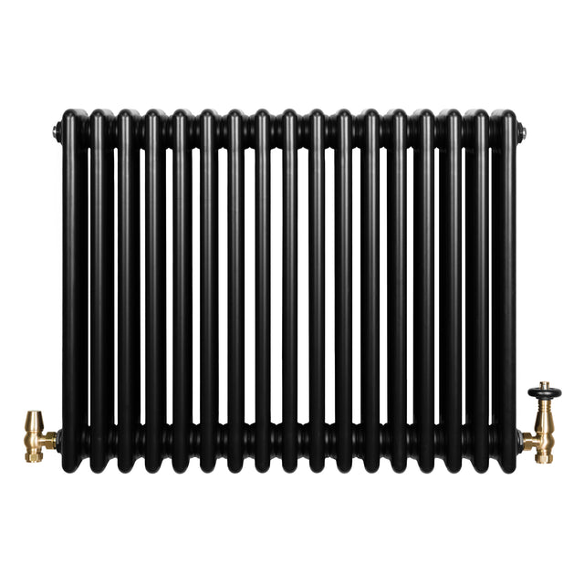 Svart traditionell 4-kolonnsradiator med glänsande yta och mässingsventiler, mått 600 x 785 mm, elegant och funktionell design
