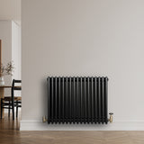 Svart traditionell 4-kolonnsradiator i metall med glänsande yta, placerad mot en ljus vägg i en modern inredning