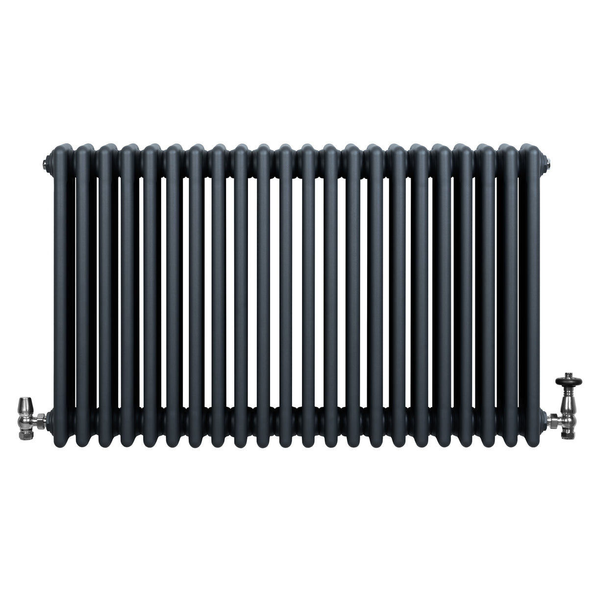 Traditionell 4-kolonnsradiator i antracitgrå med släta, runda sektioner och ventiler, mått 600 x 1010 mm, elegant design