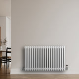 Traditionell vit 4-kolonnsradiator med släta ytor och glänsande ventiler, placerad mot en neutral vägg i ett modernt rum