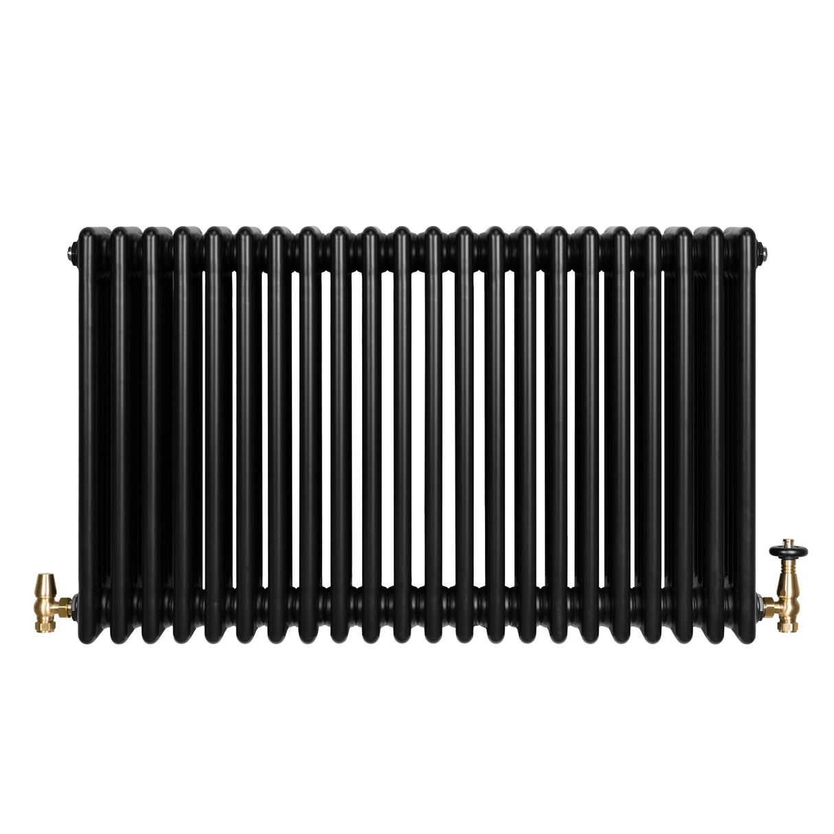 Svart traditionell 4-kolonnsradiator med glänsande ventiler, 600 x 1010 mm, med en slät och robust yta för effektiv värme