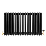 Svart traditionell 4-kolonnsradiator med glänsande ventiler, 600 x 1010 mm, med en slät och robust yta för effektiv värme