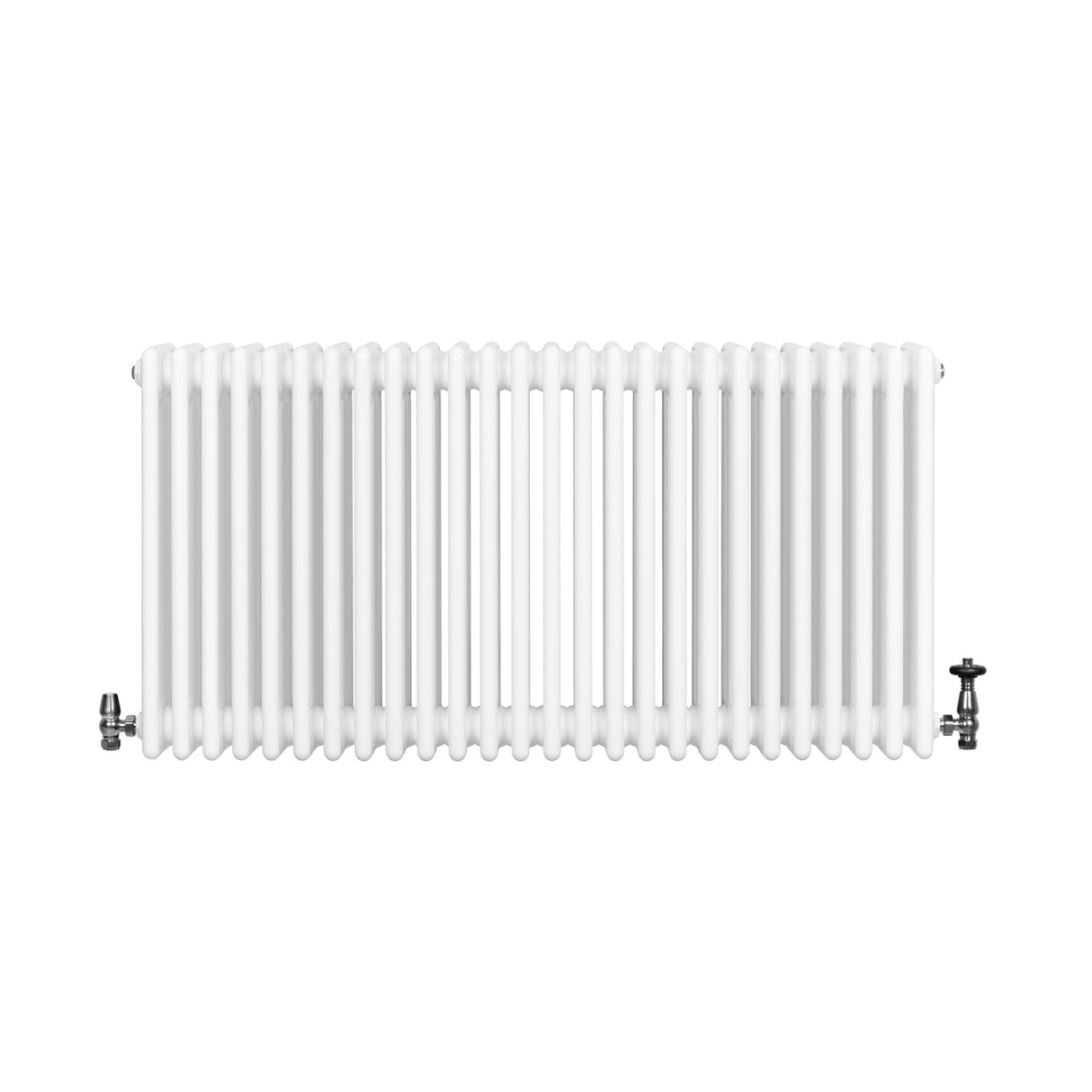 Traditionell vit 4-kolonnsradiator i stål, 600 x 1190 mm, med släta ytor och tydliga ventiler på sidorna för effektiv värmeledning