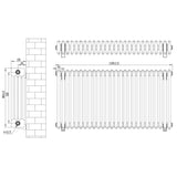 Vit traditionell 4-kolonnsradiator med ventiler, mått 600 x 1190 mm, med släta ytor och rundade kanter för elegant inredning