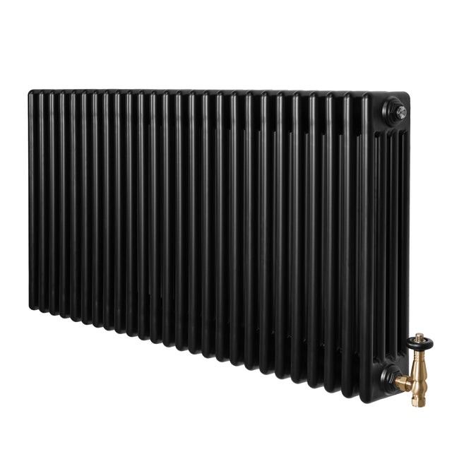 Svart traditionell 4-kolonnsradiator i metall, 600 x 1190 mm, med synliga ventiler och en slät, glänsande yta
