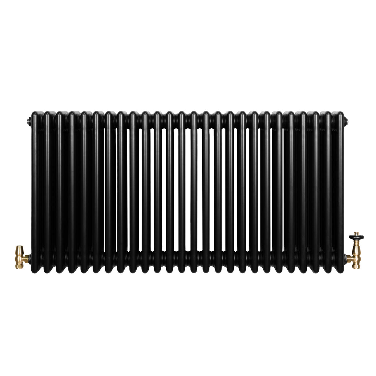 Svart traditionell 4-kolonnsradiator med glänsande ventiler, 600 x 1190 mm, med en slät och elegant yta som ger värme och stil