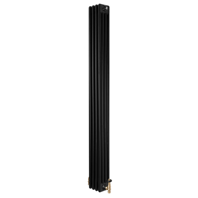 Svart traditionell 4-kolonnsradiator i metall, 1800 x 200 mm, med ventiler och en slät, elegant yta som ger en klassisk känsla
