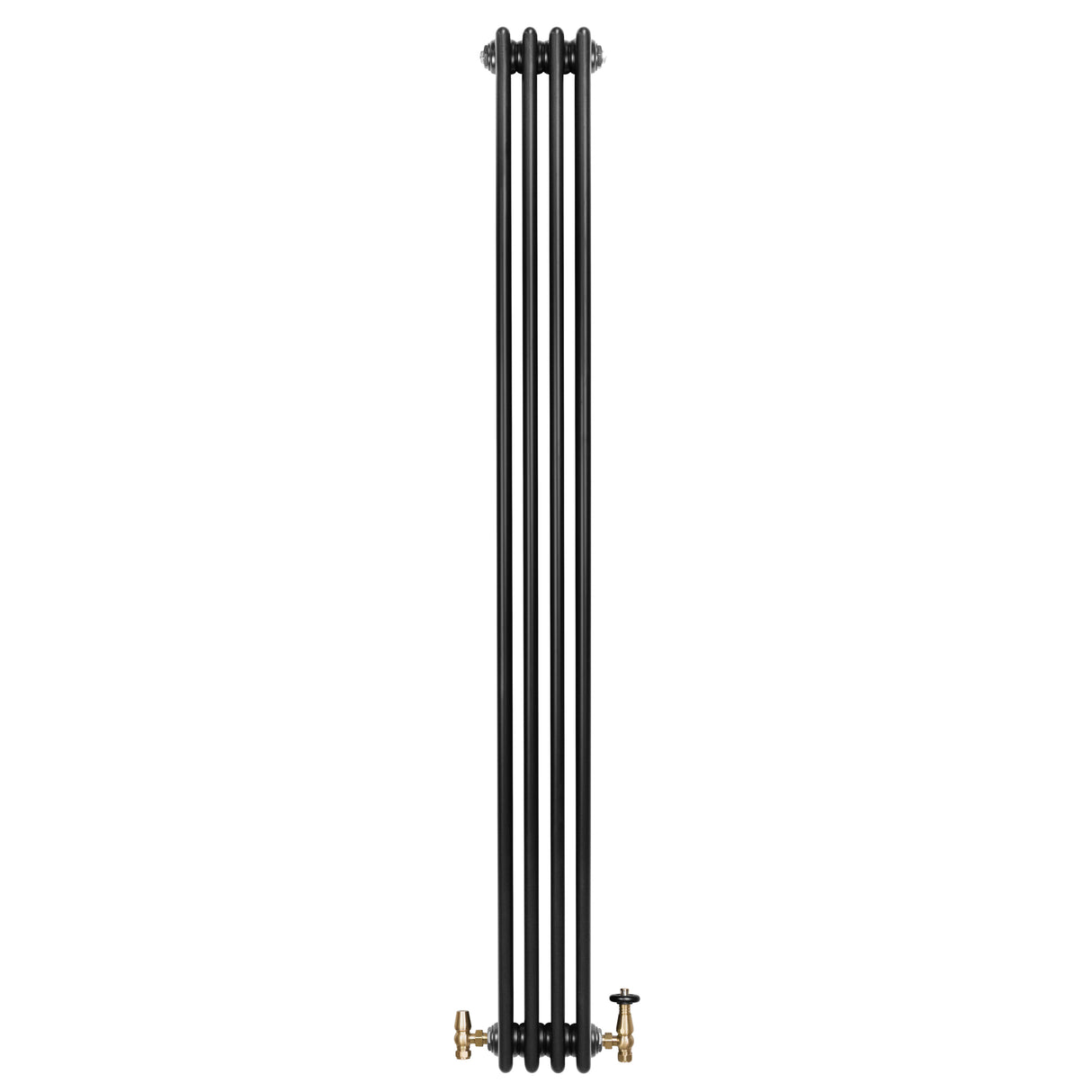 Svart traditionell 4-kolonnsradiator med fyra vertikala rör och ventiler, elegant design och robust metallstruktur, 1800 x 200 mm