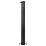 Svart traditionell 4-kolonnsradiator med fyra vertikala rör och ventiler, elegant design och robust metallstruktur, 1800 x 200 mm