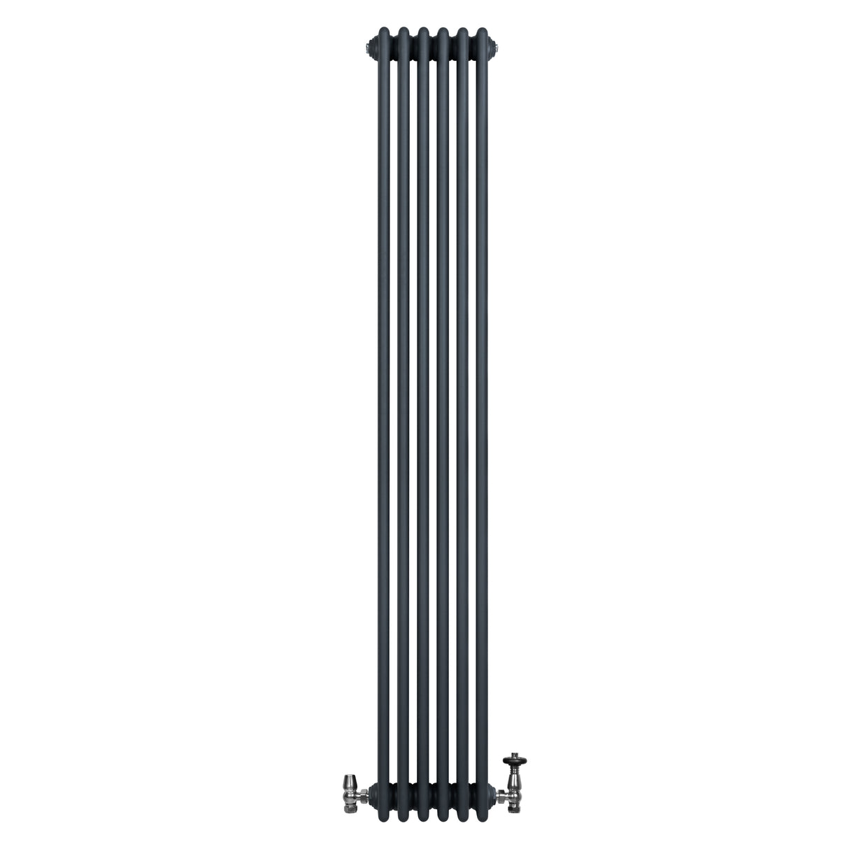 Traditionell 4-kolonnsradiator i antracitgrå med släta, vertikala ribbor och ventiler, mått 1800 x 290 mm