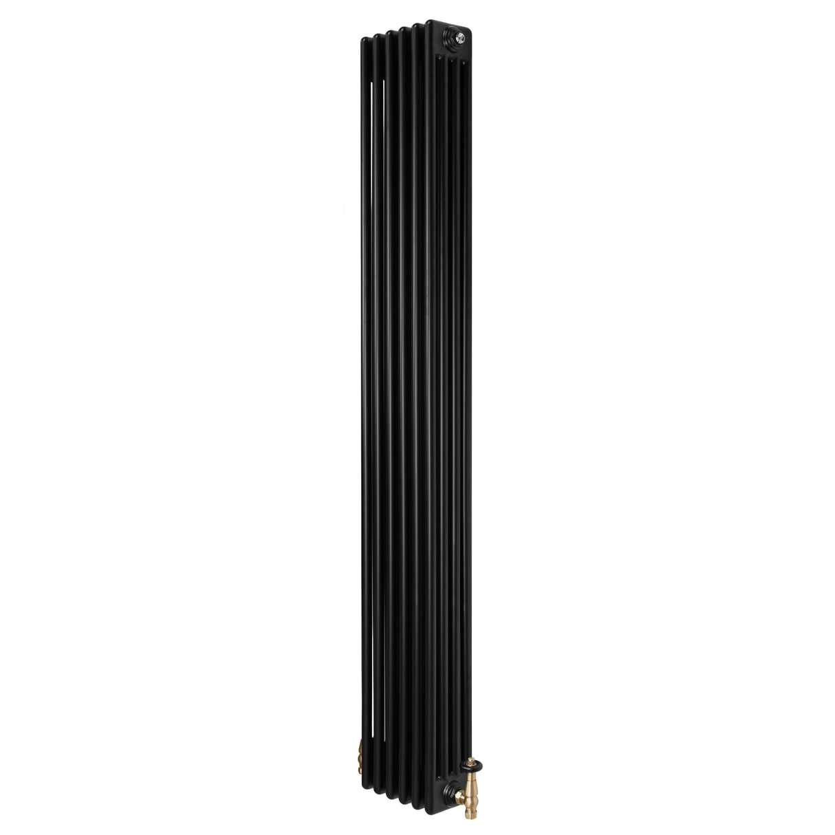 Svart traditionell 4-kolonnsradiator med ventiler, 1800 x 290 mm, med släta ytor och en elegant, avlång design
