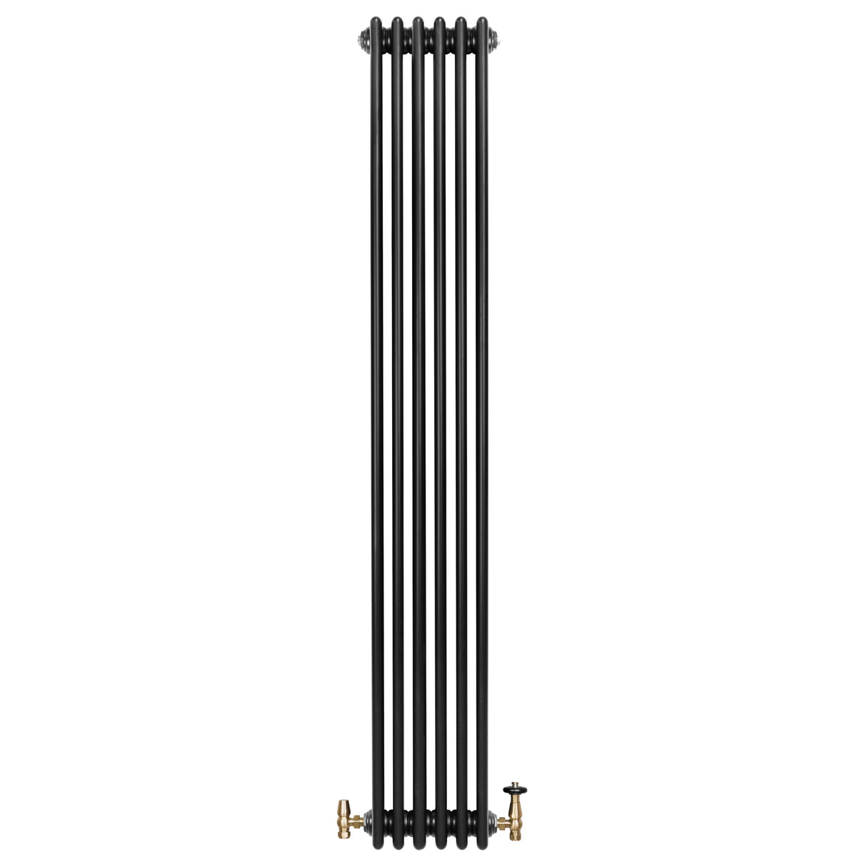 Svart traditionell 4-kolonnsradiator med ventiler, 1800 x 290 mm, långsmal design och slät yta för elegant värme i hemmet