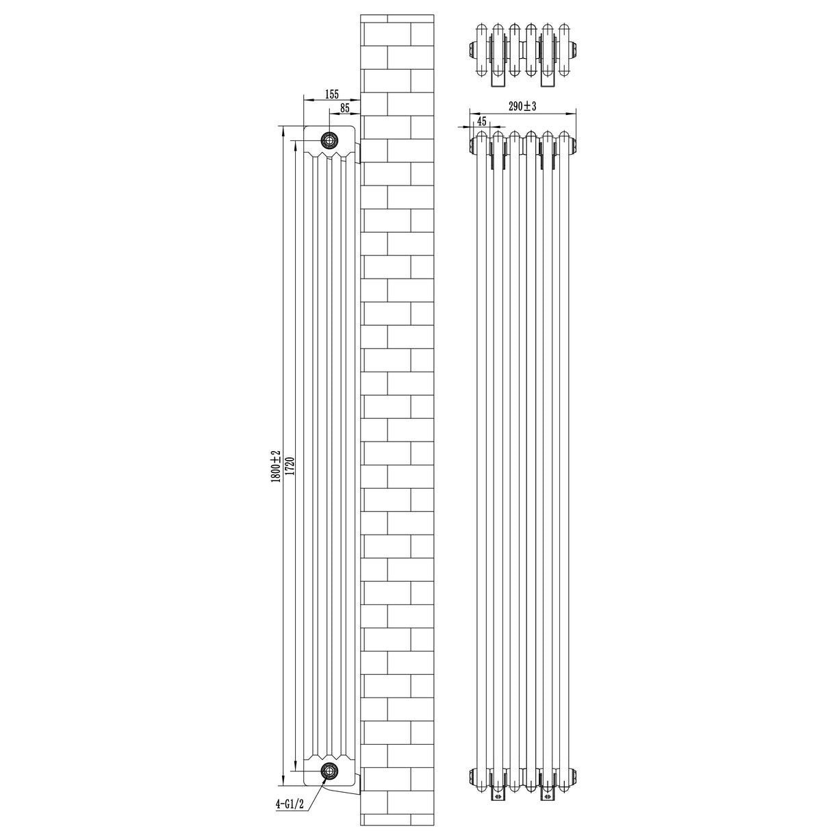 Svart traditionell 4-kolonnsradiator med ventiler, 1800 x 290 mm, med släta ytor och tydliga mått för enkel installation