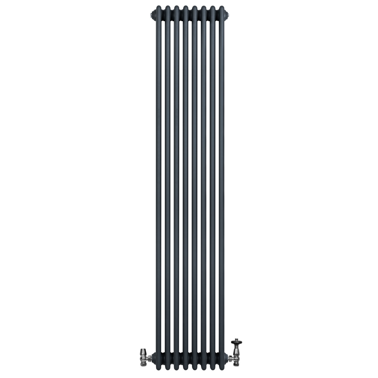 Traditionell 4-kolonnsradiator i antracitgrå med släta ytor och eleganta ventiler, 1800 x 380 mm, perfekt för modern inredning