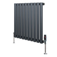 Oval enkelkolonnsradiator i antracitgrå med släta, runda ribbor och ventiler, 600 mm x 600 mm, stilren och modern design