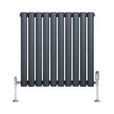 Oval enkelkolonnsradiator i antracitgrå med släta, runda rör och glänsande ventiler, mått 600 mm x 600 mm