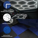 Polypropenplattor med ventilationskanaler (120 enheter) och kanter - Svart (60) och Blå (60)+ Hexagonal LED-taklampa