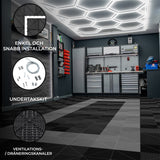 Polypropenplattor med ventilationskanaler (120 enheter) och kanter - Svart (90) och Grå (30)+ Hexagonal LED-taklampa