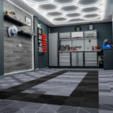 Polypropenplattor med ventilationskanaler (120 enheter) och kanter - Grå (90) och Svart  (30)+ Hexagonal LED-taklampa